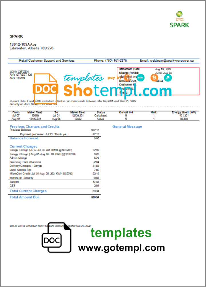 Canada Alberta Spark utility bill template in Word and PDF format